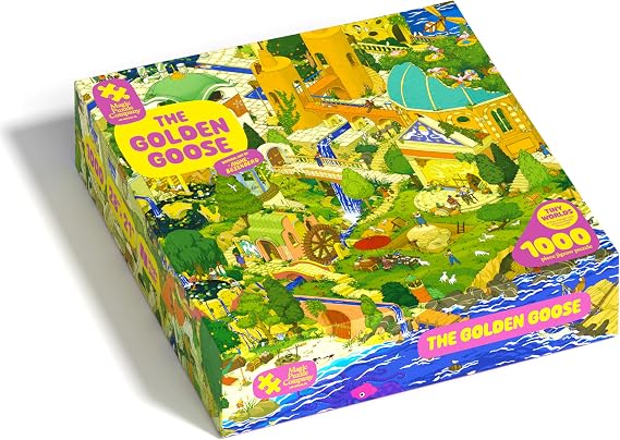 The Golden Goose Puzzle box art.  Predominantly green and yellow.