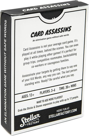 Back of the box for Card Assassins with a description of the game.
