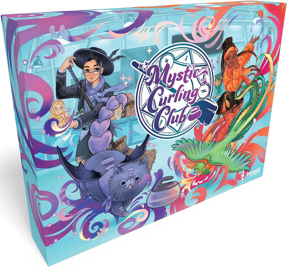 Mystic Curling club dexterity game box cover. Witches on brooms and mystical creatures 