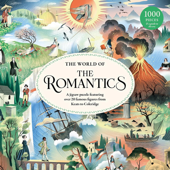 Cover of 'The World of The Romantics' puzzle with colorful illustrations and text.