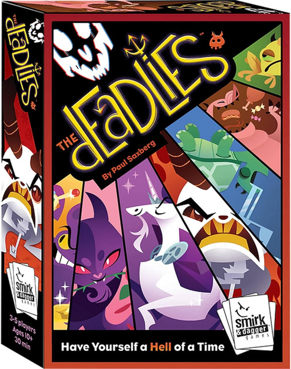 The Deadlies game box featuring vibrant, colorful artwork showcasing various humorous characters, including a unicorn, a purple cat, and other whimsical designs. The title 'The Deadlies' is prominently displayed with a playful font, emphasizing a fun gaming atmosphere. The box indicates it is suitable for 3-5 players, ages 10 and up, with an estimated playtime of 30 minutes.
