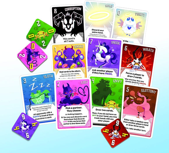 The Deadlies card game by SMIRK & DAGGER features colorful cards representing seven deadly sins, each with unique actions and effects. The design includes whimsical illustrations of creatures representing Sloth, Greed, Wrath, Lust, Envy, Gluttony, and Pride, showcasing vibrant colors and engaging gameplay mechanics. The cards are displayed on a light background, inviting players to strategize and enjoy the fun.
