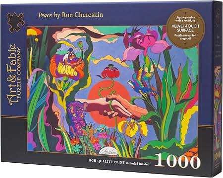 A 1000-piece jigsaw puzzle box of 'Peace' by Ron Chereskin. The box has a dark navy border and displays a vibrant, psychedelic illustration with flowers, birds, and hands in a circular frame.