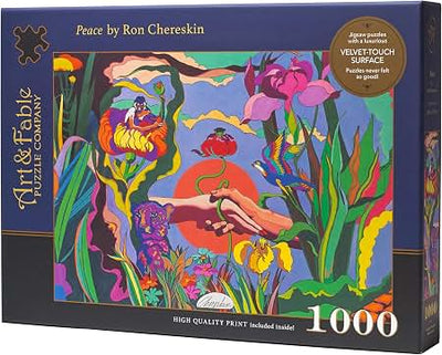 A 1000-piece jigsaw puzzle box of 'Peace' by Ron Chereskin. The box has a dark navy border and displays a vibrant, psychedelic illustration with flowers, birds, and hands in a circular frame.