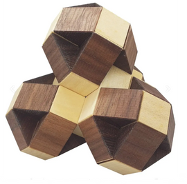 The Ballerina mechanical puzzle by VINCO features interlocking wooden pieces in an intricate geometric design. The puzzle showcases a combination of light and dark wood, creating a visually appealing contrast. Great for enhancing problem-solving skills and providing hours of engaging entertainment.