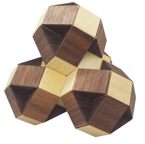 The Ballerina mechanical puzzle by VINCO features interlocking wooden pieces in an intricate geometric design. The puzzle showcases a combination of light and dark wood, creating a visually appealing contrast. Great for enhancing problem-solving skills and providing hours of engaging entertainment.