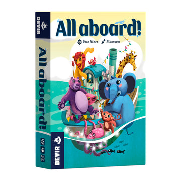  'All Aboard!'  Board game box with colorful animal illustrations 