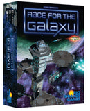 Race for the Galaxy game box featuring an intricate space station design against a backdrop of a vibrant galaxy. The box displays the title in bold letters and includes the text 'Revised 2nd Edition' along with the Rio Grande Games logo.