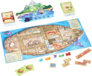 A board game set displayed on a white background, featuring a large shipboard game board, cards, meeples, and cat polyominoes