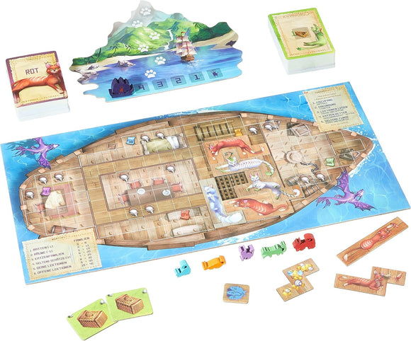 A board game set displayed on a white background, featuring a large shipboard game board, cards, meeples, and cat polyominoes
