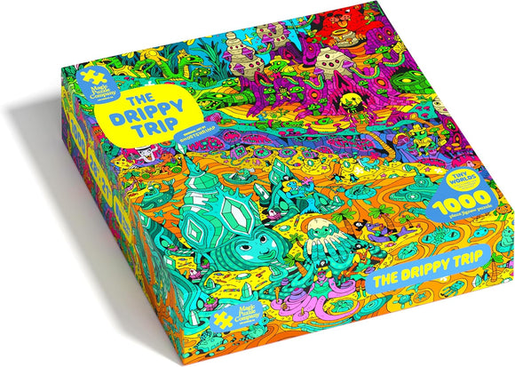 The Drippy Trip jigsaw puzzle box cover art.   Multitude of colors