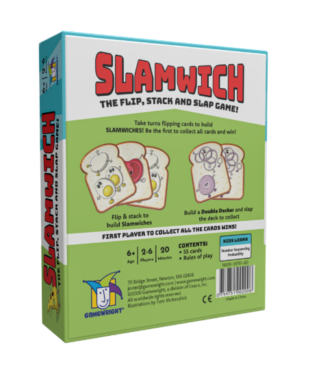 Slamwich game by Gamewright features a colorful box design. The front showcases the title 'SLAMWICH' prominently, with fun illustrations of sandwich cards. The game involves flipping cards to build Slamwiches, with instructions highlighting a competitive, engaging playstyle suitable for ages 6 and up. The back provides details on contents and rules, emphasizing the goal of collecting all the cards first.