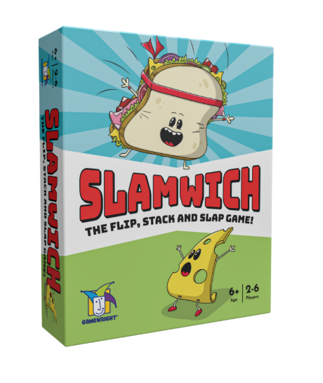 Slamwich game box by Gamewright featuring cartoon characters of a sandwich and cheese, with text that reads 'Slamwich: The Flip, Stack and Slap Game!' Suitable for 2-6 players aged 6 and up.