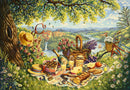 Picnic scene with food, drinks, and a bicycle in a scenic outdoor setting.