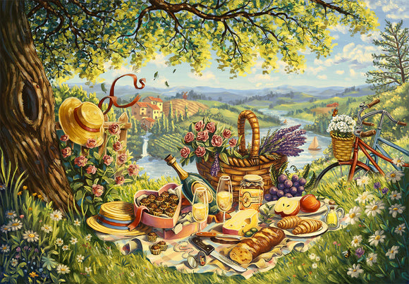 Picnic scene with food, drinks, and a bicycle in a scenic outdoor setting.