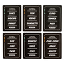 Six example cards of the Card Assassins game.