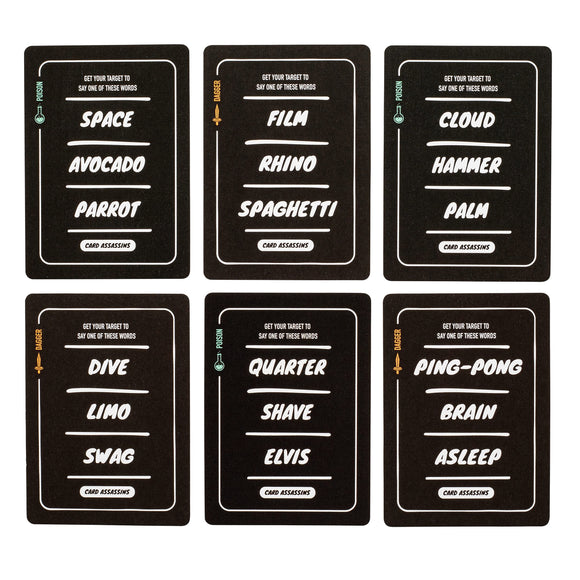 Six example cards of the Card Assassins game.