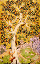 Fine art piece of a man climbing a tree full of squirrels