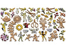 Wooden jigsaw pieces shaped like people, flowers, and gardening tools