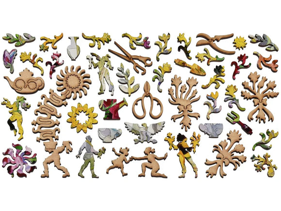 Wooden jigsaw pieces shaped like people, flowers, and gardening tools