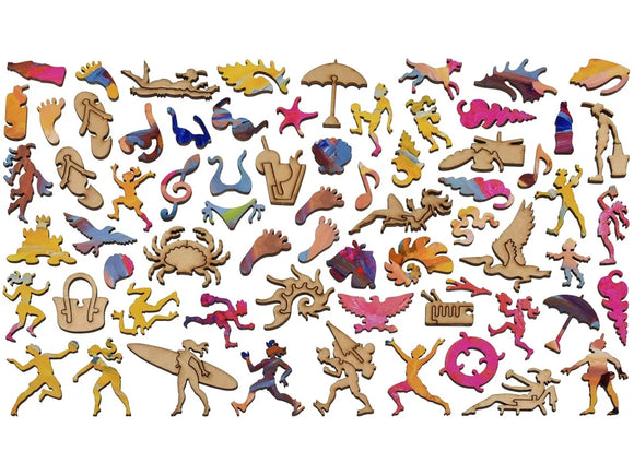 Wooden jigsaw pieces shaped like beachgoers and beach objects