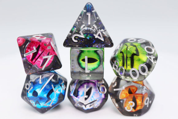 A vibrant and colorful RPG dice set featuring six polyhedral dice in various shapes, including tetrahedron and dodecahedron. The dice display a mix of brilliant colors like blue, pink, green, and purple, with silver numbering that stands out against the translucent backgrounds. This captivating collection is perfect for tabletop gaming enthusiasts.