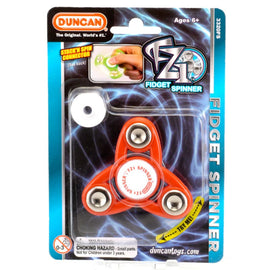 Fidget Spinner - FZ-1 by Duncan, featuring a vibrant red design with smooth silver bearings. Perfect for stress relief and sensory play, designed for ages 6 and up. The packaging showcases the spinner's unique Stack'n Spin connector feature for added fun.