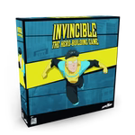 Invincible  the hero-building game  box cover . Super hero in black blue and yellow against a a blue wall.
