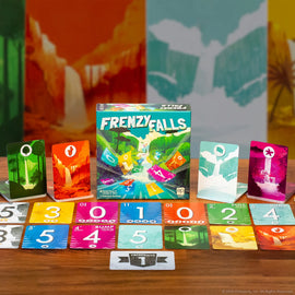 Frenzy Falls components laid out with box on a wooden table
