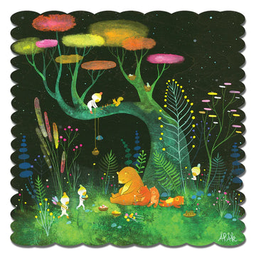 Illustration of a bear and some small creatures in a forest
