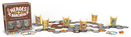 The game 'Heroes of Barcadia' by ROllacrit Corp is displayed in its box featuring colorful graphics. The game setup includes a vibrant game board with unique hexagonal tiles, various game cards, and promotional drinking glasses showcasing different character designs. The table is adorned with items representing in-game characters, enhancing the party atmosphere for a fun night of dungeon exploration and drink consumption.