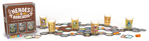 The game 'Heroes of Barcadia' by ROllacrit Corp is displayed in its box featuring colorful graphics. The game setup includes a vibrant game board with unique hexagonal tiles, various game cards, and promotional drinking glasses showcasing different character designs. The table is adorned with items representing in-game characters, enhancing the party atmosphere for a fun night of dungeon exploration and drink consumption.