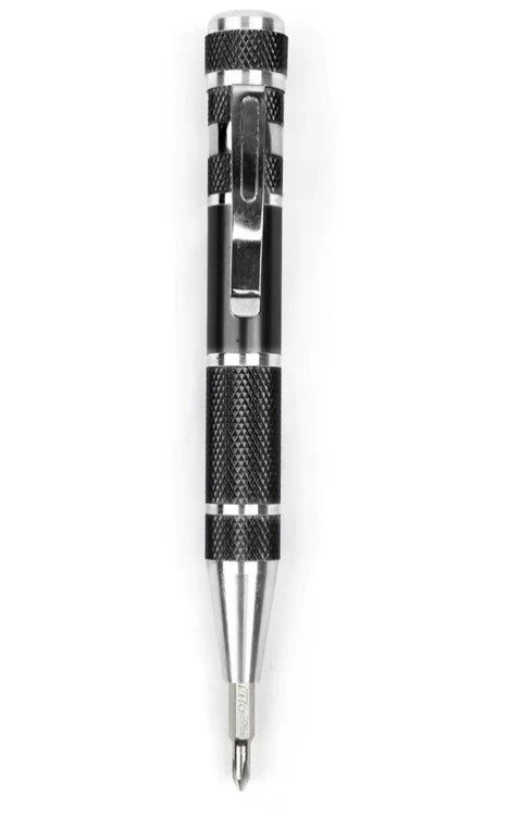 Silver pen with black textured accents on a white background