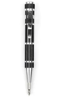 Silver pen with black textured accents on a white background