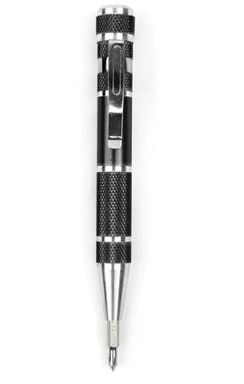 Silver pen with black textured accents on a white background