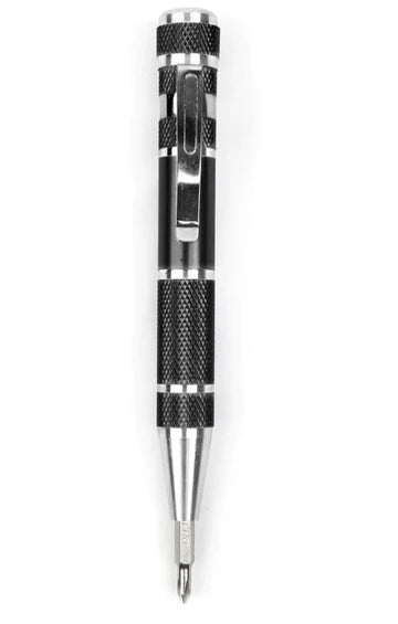 Silver pen with black textured accents on a white background