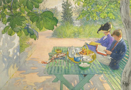 Painting of two people reading at a table under the shade of a tree