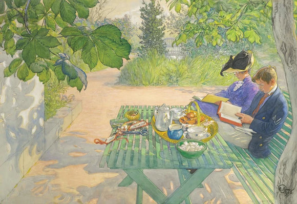 Painting of two people reading at a table under the shade of a tree