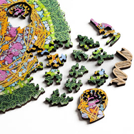 Closeup showing brain, microscope, and DNA whimsy pieces