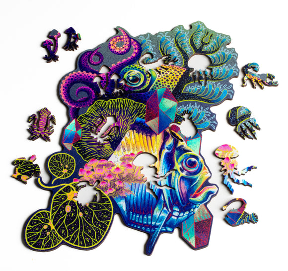 Colorful image of bioluminescent creatures, showing whimsy pieces