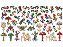 Wooden puzzle pieces shaped like people  people, flowers, and lamps