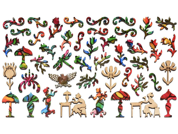 Wooden puzzle pieces shaped like people  people, flowers, and lamps