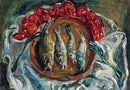 Still life painting with fish and red flowers on a white cloth (image used for the puzzle)
