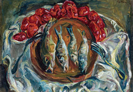 Still life painting with fish and red flowers on a white cloth (image used for the puzzle)