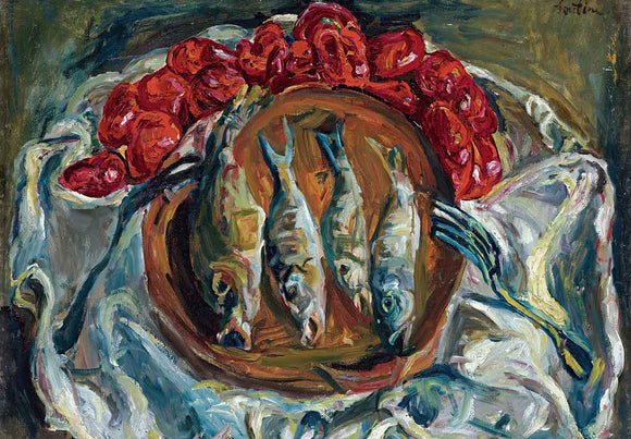 Still life painting with fish and red flowers on a white cloth (image used for the puzzle)