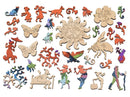 Wooden puzzle pieces shaped like people and plants