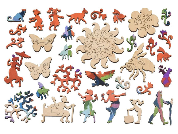 Wooden puzzle pieces shaped like people and plants
