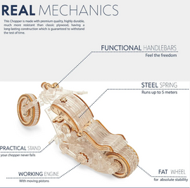 Veter Models Chopper V1 is a transparent DIY kit featuring functional handlebars, a working engine with moving pistons, a practical stand, and a steel spring that allows it to run up to 5 meters. The model showcases a sleek design and high durability, perfect for builders and hobbyists.