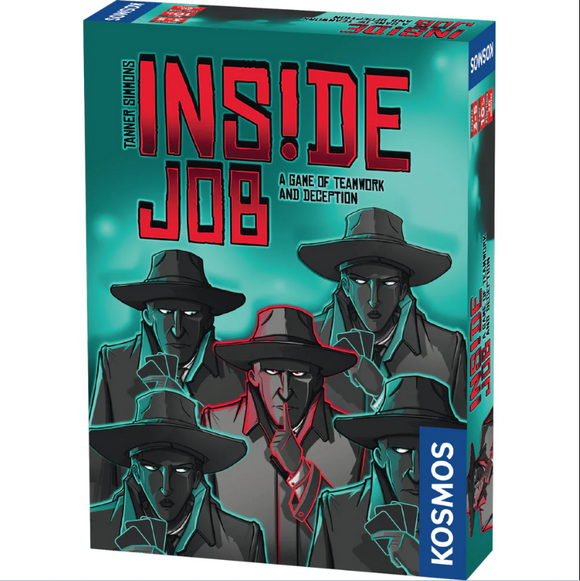 Inside Job board game box by Thames & Kosmos featuring mysterious characters in hats, emphasizing teamwork and deception. The title 'INS!DE JOB' is prominently displayed in bold, stylized lettering, inviting players to engage in a thrilling gaming experience.
