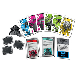Inside Job game by Thames & Kosmos featuring a collection of playing cards, character tokens, and mission objective cards. The game encourages strategic thinking and teamwork as players take on various roles like Insider and Agent, with each card requiring careful planning to outsmart opponents.